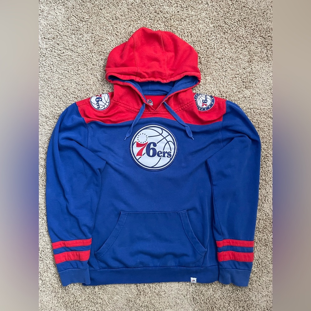 Vintage Majestic Philadelphia 76ers Pullover Hoodie Blue Red